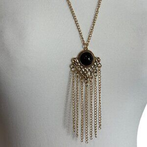 Gold Tone Black Pendant Tassel Necklace 25" Long Statement